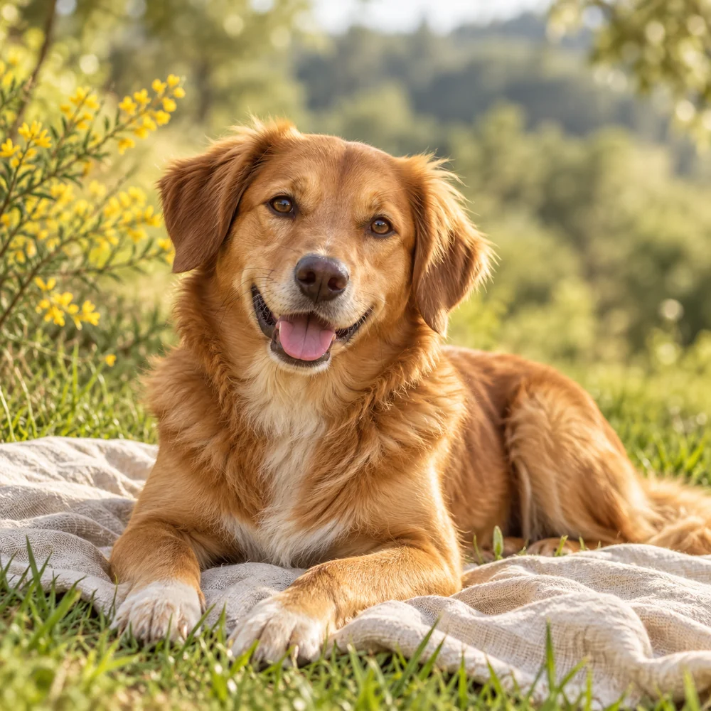 Un chien allongé dans l’herbe près de genêts en fleurs